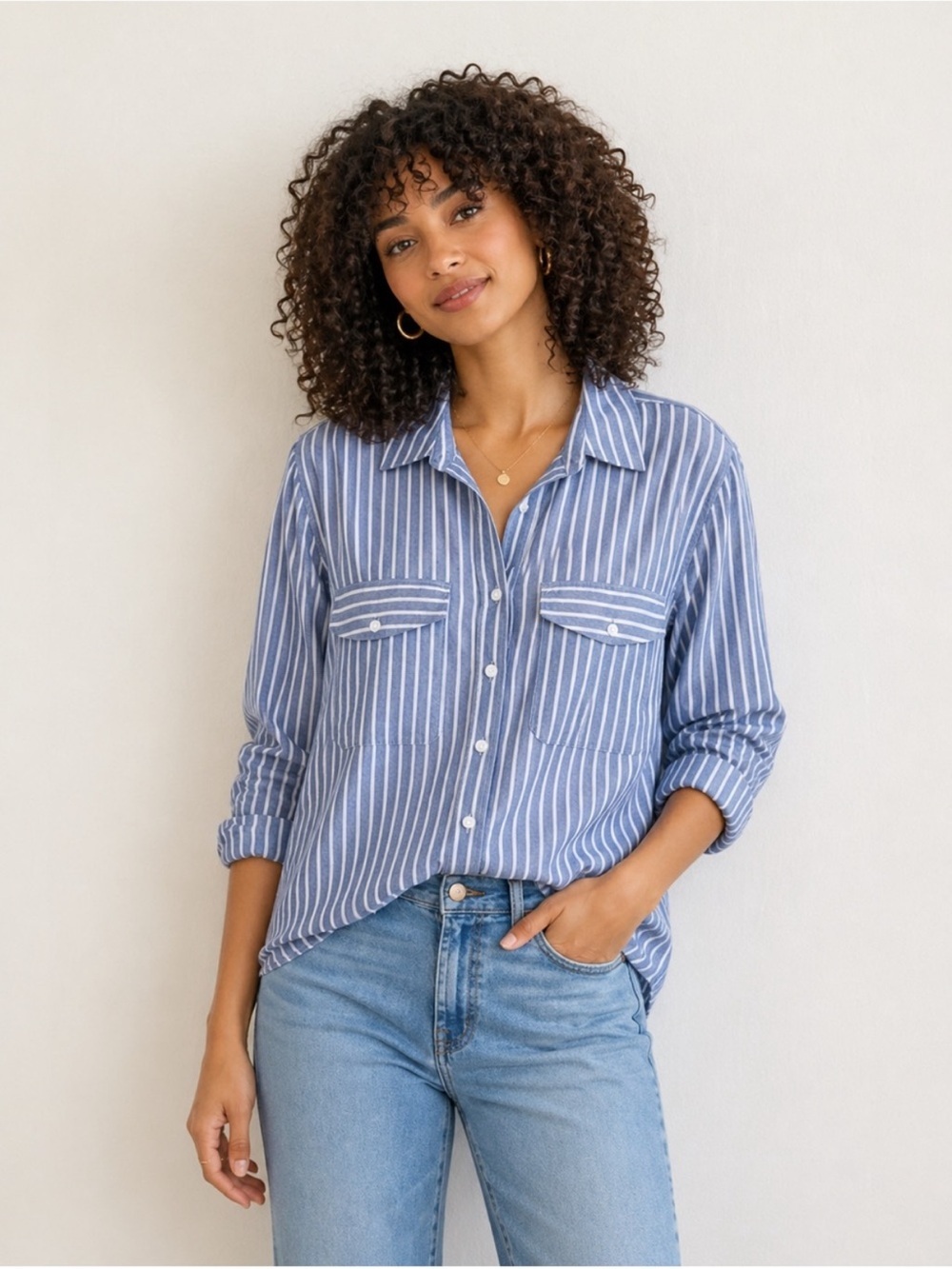 Beachlunchlounge Finley Stripe Button-Up Long Sleeve Shirt L Blue White